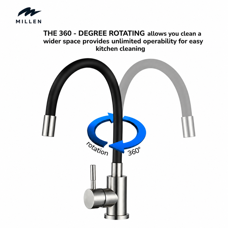 Load image into Gallery viewer, MILLEN Single Lever Kitchen Faucet Mixer with 360° Swivel, Brushed Stainless Steel With Silicone Spout - MM03SILBR, 1Y Warranty
