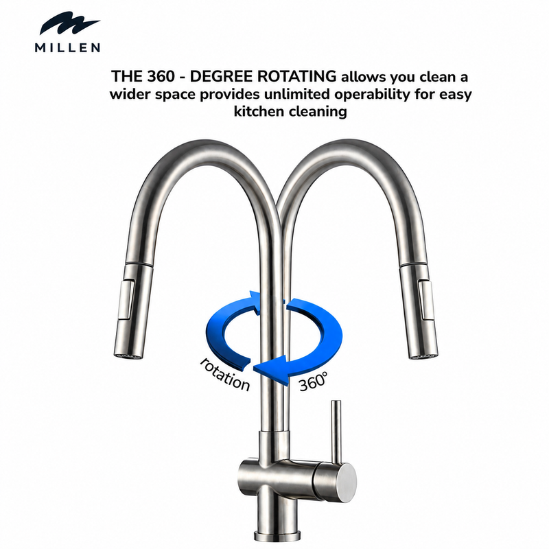 Load image into Gallery viewer, MILLEN Single Lever Kitchen Faucet Mixer with 360° Swivel, Pull-down Hand Spray, Brushed Stainless Steel - MMF202BR, 1Y Warranty

