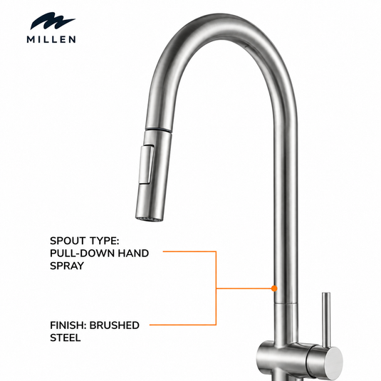MILLEN Single Lever Kitchen Faucet Mixer with 360° Swivel, Pull-down Hand Spray, Brushed Stainless Steel - MMF202BR, 1Y Warranty