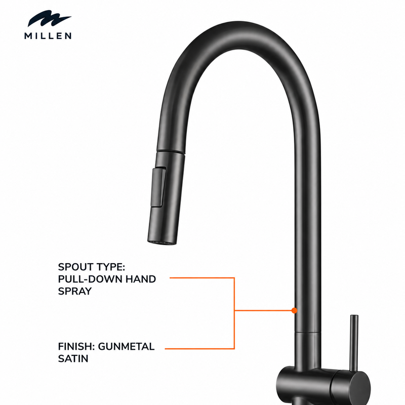 Load image into Gallery viewer, Millen Single Lever Kitchen Faucet Mixer with 360° Swivel, Pull-down Hand Spray, Gunmetal Stainless Steel - MMF202GM, 1Y Warranty
