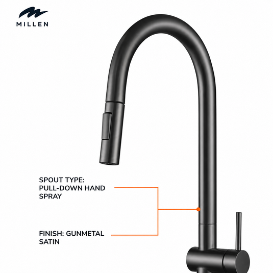 Millen Single Lever Kitchen Faucet Mixer with 360° Swivel, Pull-down Hand Spray, Gunmetal Stainless Steel - MMF202GM, 1Y Warranty