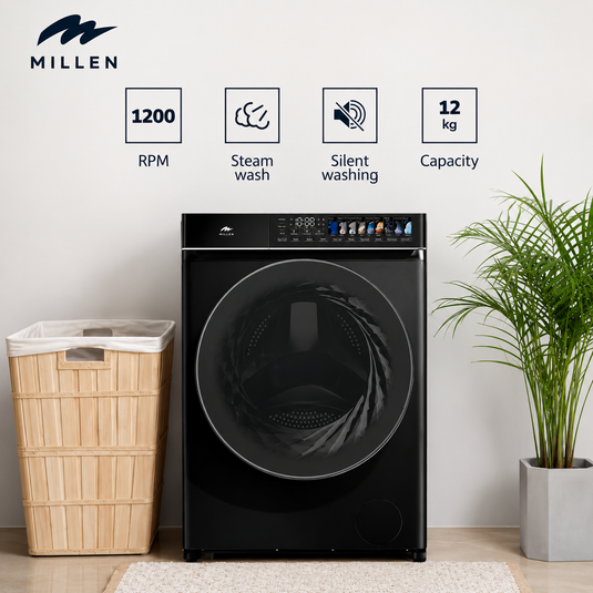 Millen Front Load Washing Machine, 12kg Capacity - Inverter Motor, Smart, Powerful, and Efficient, МWM12012BLIDD, 3 Year Warranty