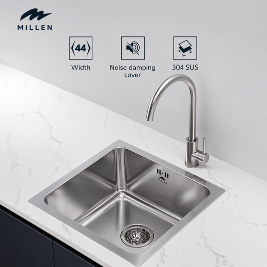 Millen Premium Undermount Top Mount Single Bowl Sink – 304 Stainless Steel, Soundproof, Satin Finish - MS4408, 3Y Warranty