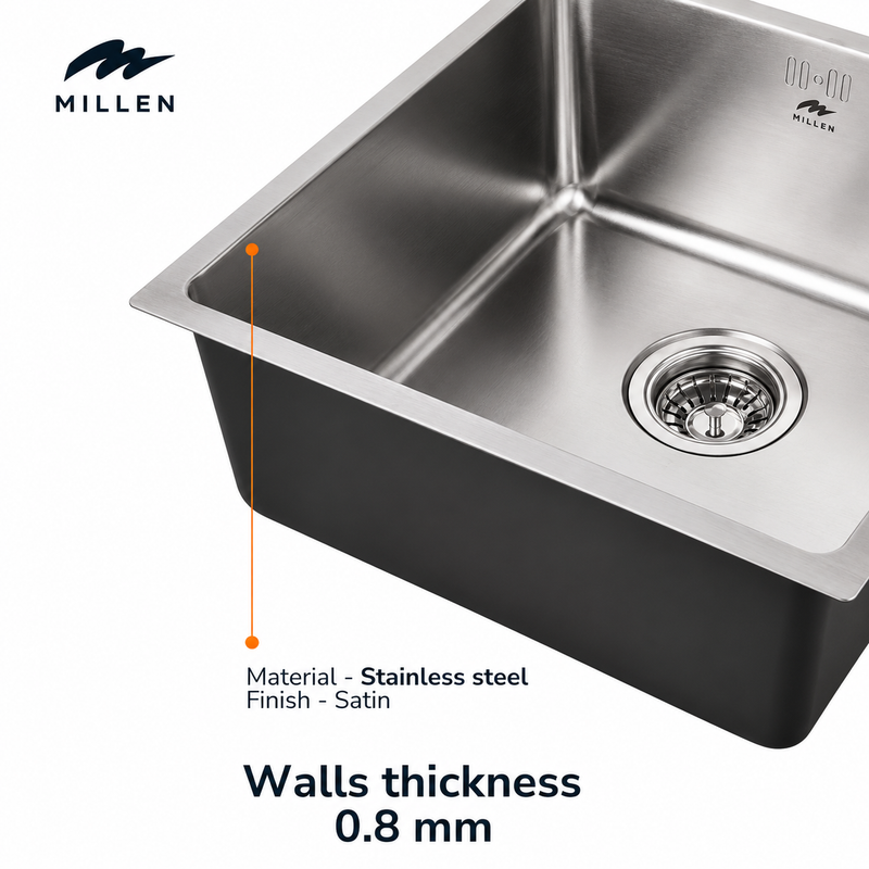 Load image into Gallery viewer, Millen Premium Undermount Top Mount Single Bowl Sink – 304 Stainless Steel, Soundproof, Satin Finish - MS4408, 3Y Warranty

