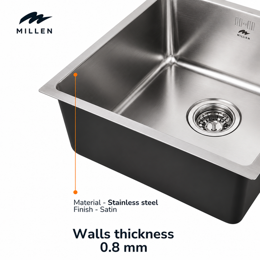 Millen Premium Undermount Top Mount Single Bowl Sink – 304 Stainless Steel, Soundproof, Satin Finish - MS4408, 3Y Warranty