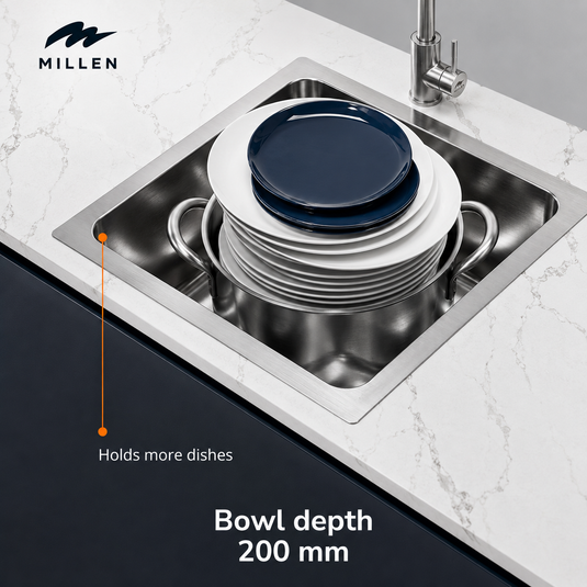 Millen Premium Undermount Top Mount Single Bowl Sink – 304 Stainless Steel, Soundproof, Satin Finish - MS4408, 3Y Warranty