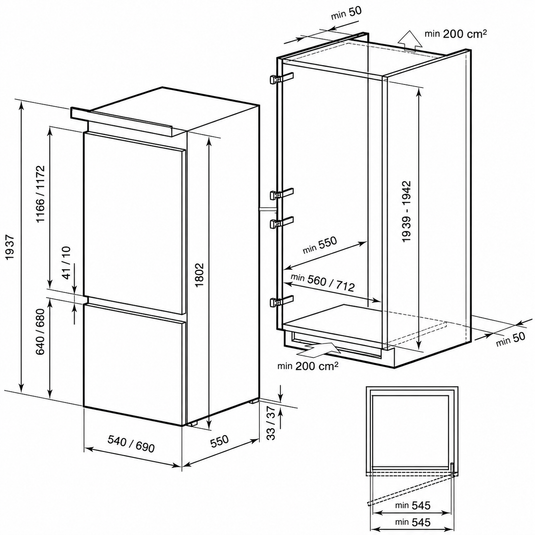 Millen Built-in Two Chamber Refrigerator MBI 193.3D, 3 Year Warranty