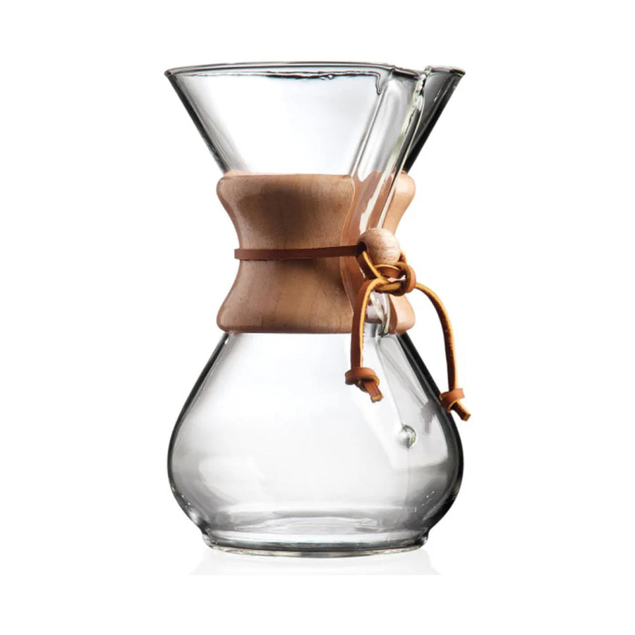 Chemex Classic Series 8-cup pour-over coffeemaker with the signature wood collar and leather cord.