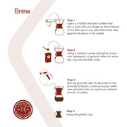 Chemex Classic Series 3-cup pour-over coffeemaker with iconic polished wood collar and leather tie. brewing guide step by step