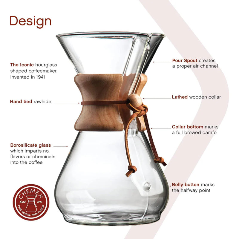 Load image into Gallery viewer, Chemex Classic Series 3-cup pour-over coffeemaker with iconic polished wood collar and leather tie. Design guide.
