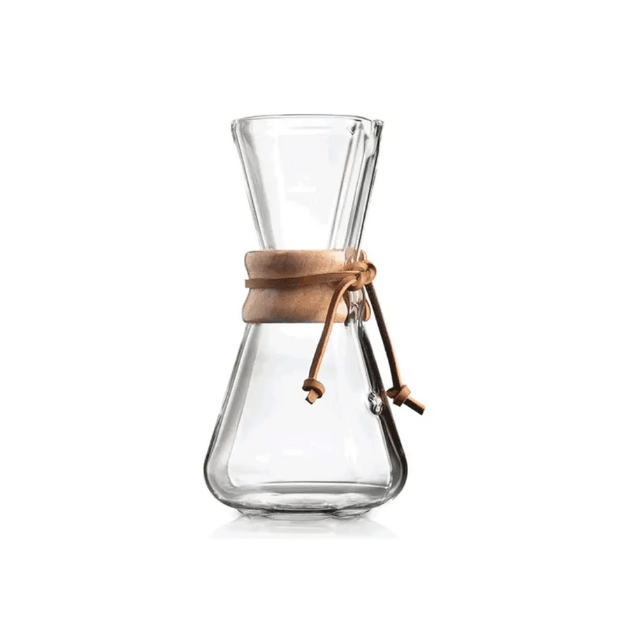 Chemex Classic Series 3-cup pour-over coffeemaker with iconic polished wood collar and leather tie.