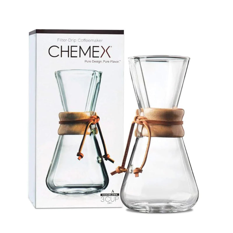 Load image into Gallery viewer, Chemex Classic Series 3-cup pour-over coffeemaker with iconic polished wood collar and leather tie. Image with Packing Box
