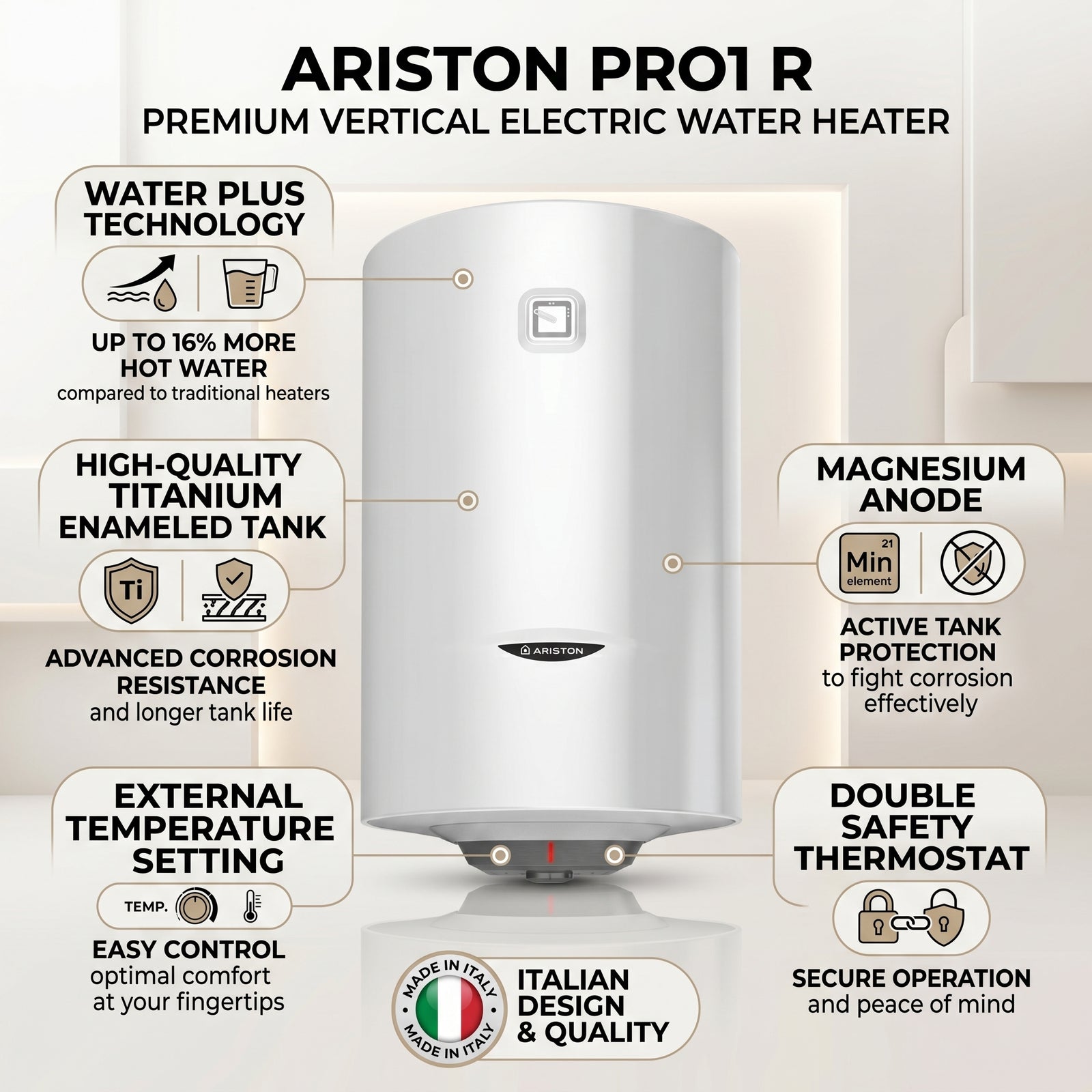 Ariston Electric Water Heater Vertical PRO1 R Italy, 80 L - White
