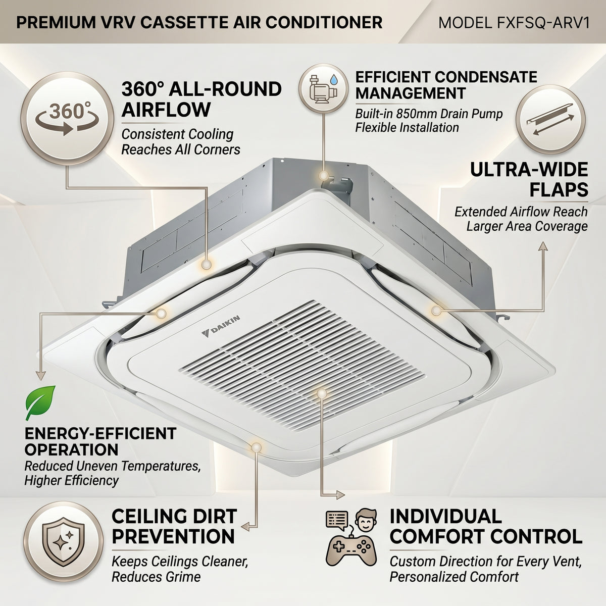 Daikin Cassette Splits for VRV Systems 1.2 Ton 4.5 kW 1.6 HP 15,000 Btu/h FXFSQ40ARV1 Black