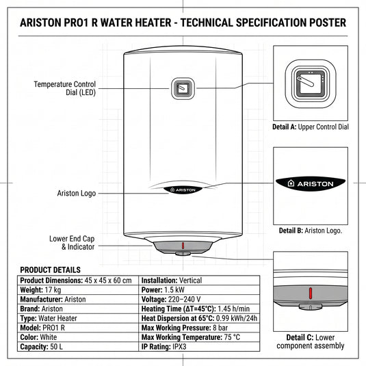 Ariston Electric Water Heater Vertical PRO1 R Italy, 50 L - White