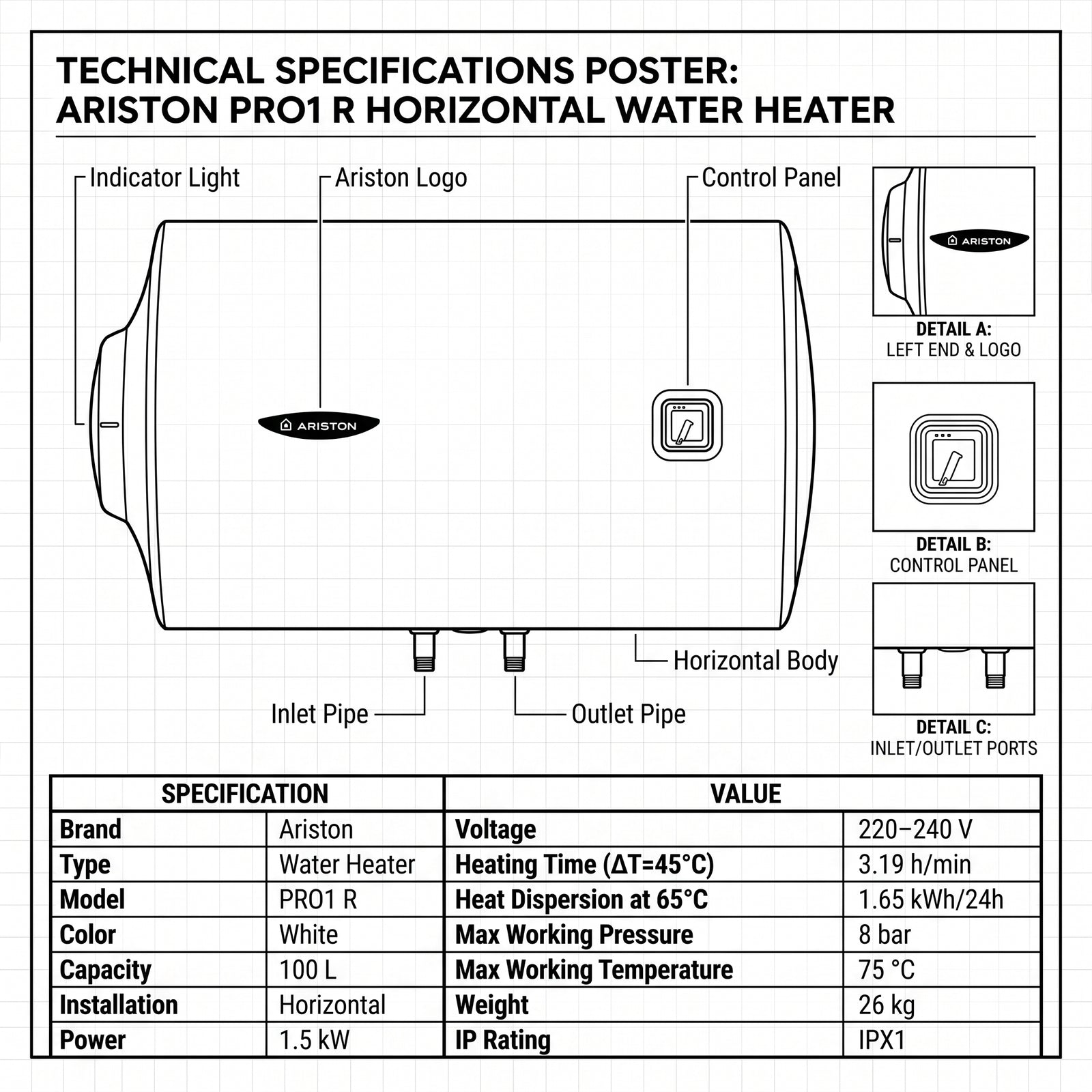 Ariston Electric Water Heater Horizontal PRO1 R Italy, 100 Liter - White