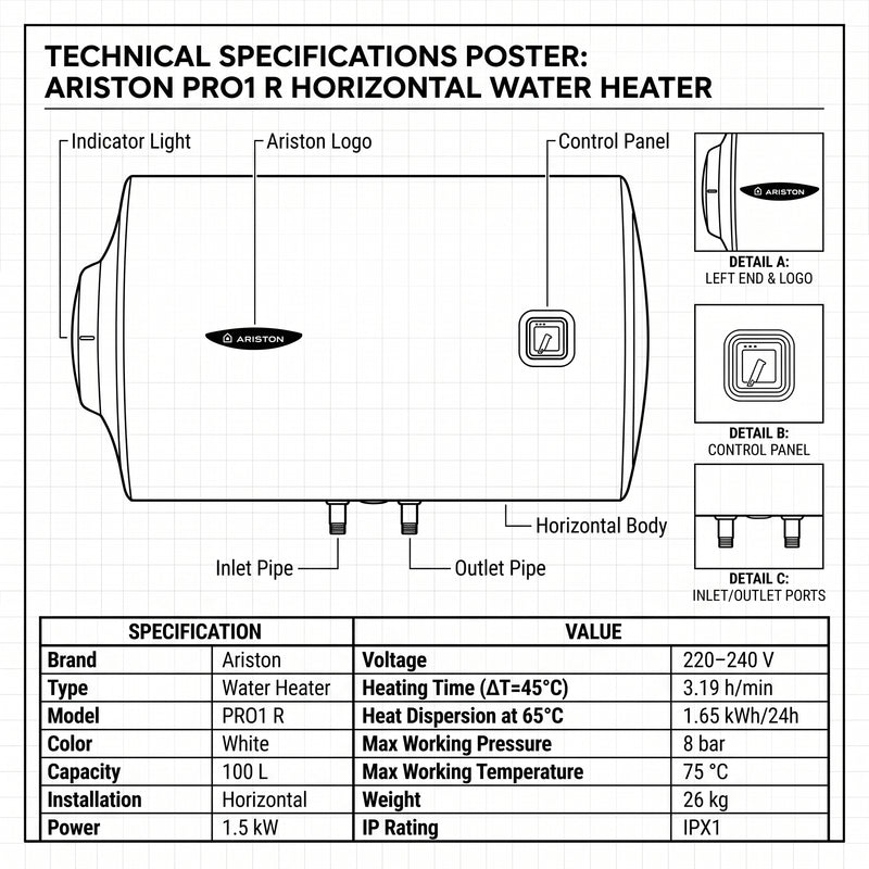 Load image into Gallery viewer, Ariston Electric Water Heater Horizontal PRO1 R Italy, 100 Liter - White
