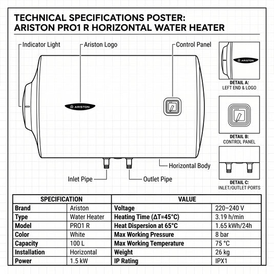 Ariston Electric Water Heater Horizontal PRO1 R Italy, 100 Liter - White