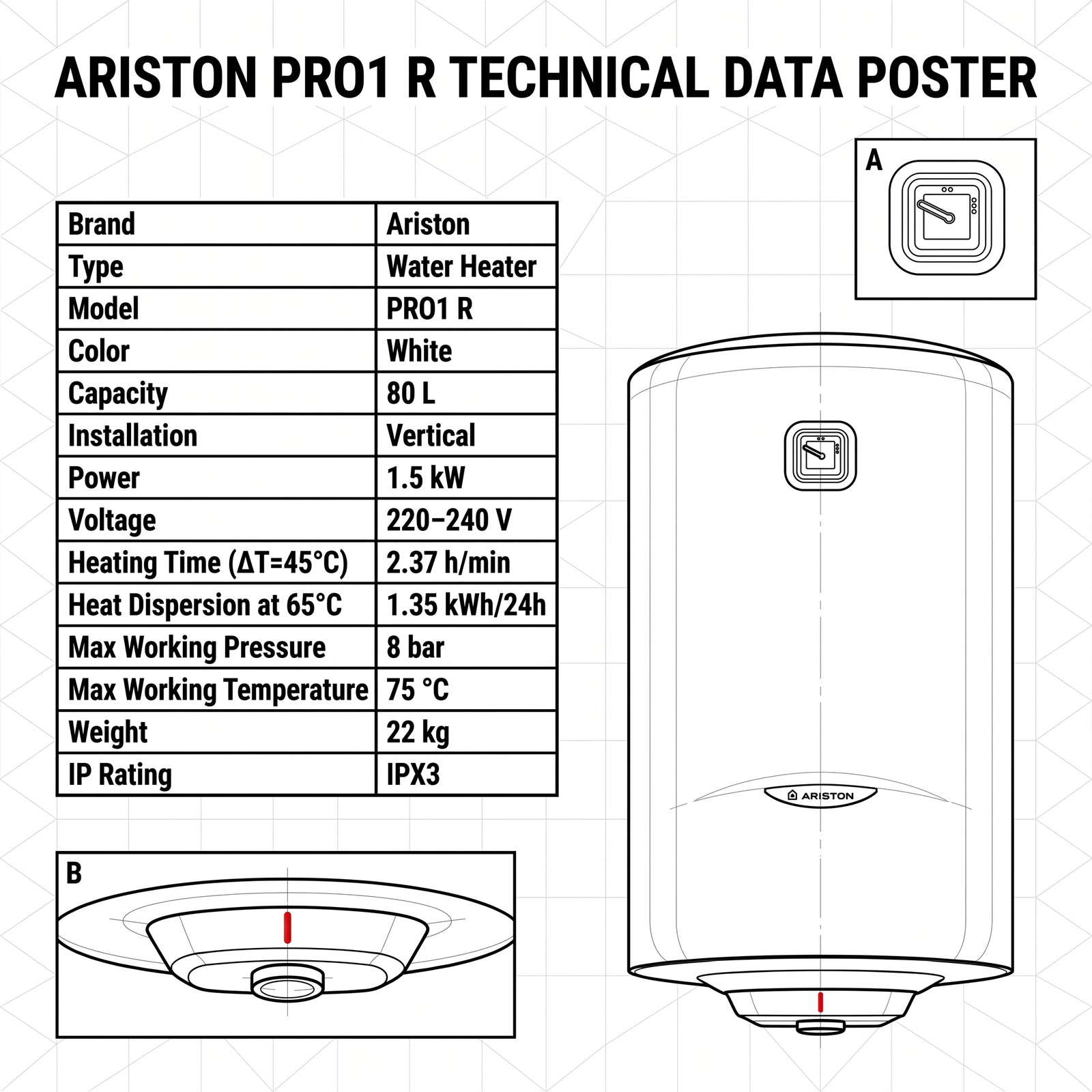 Ariston Electric Water Heater Vertical PRO1 R Italy, 80 L - White
