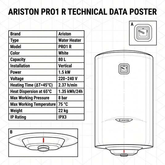 Ariston Electric Water Heater Vertical PRO1 R Italy, 80 L - White