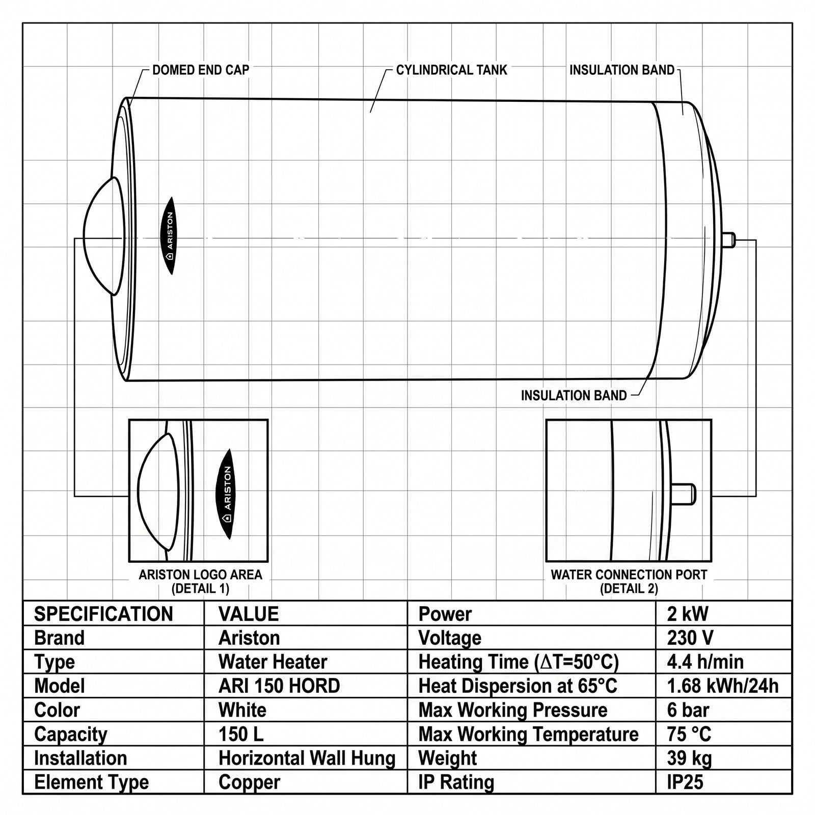 Ariston Electric Water Heater Horizontal ARI 150 HORD 570 THER MO 2000 W, 150 L - White