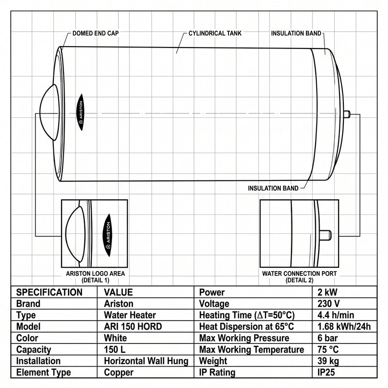 Load image into Gallery viewer, Ariston Electric Water Heater Horizontal ARI 150 HORD 570 THER MO 2000 W, 150 L - White
