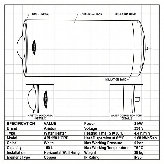 Ariston Electric Water Heater Horizontal ARI 150 HORD 570 THER MO 2000 W, 150 L - White