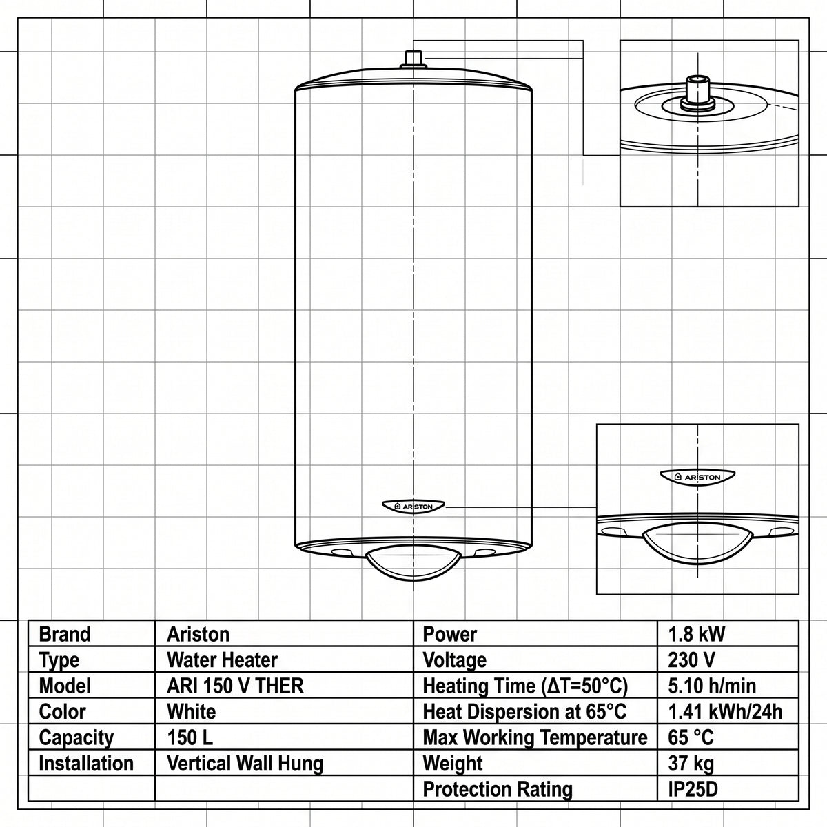 Ariston Electric Water Heater Vertical ARI 150 V THER, 150L - White