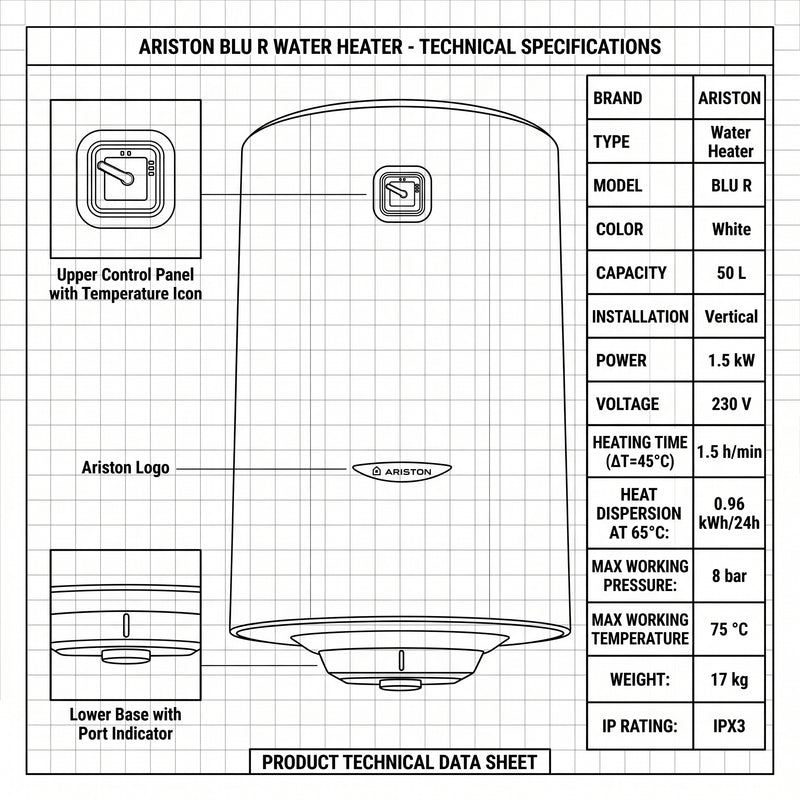 Load image into Gallery viewer, Ariston Electric Water Heater Vertical BLU R, 50 L - White

