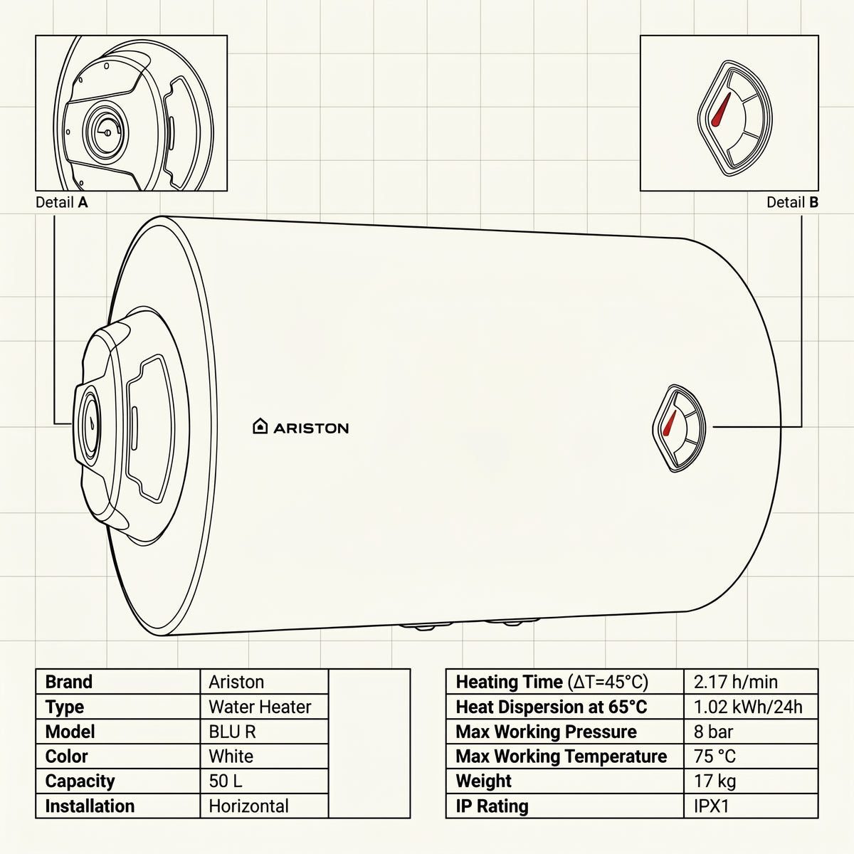 Ariston Electric Water Heater Horizontal BLU R, 50 L - White
