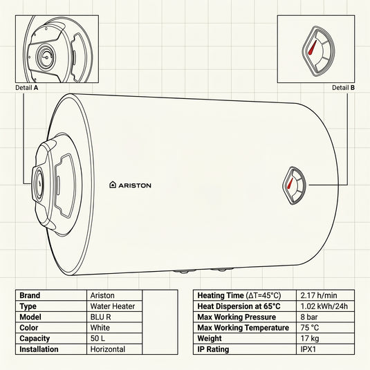 Ariston Electric Water Heater Horizontal BLU R, 50 L - White