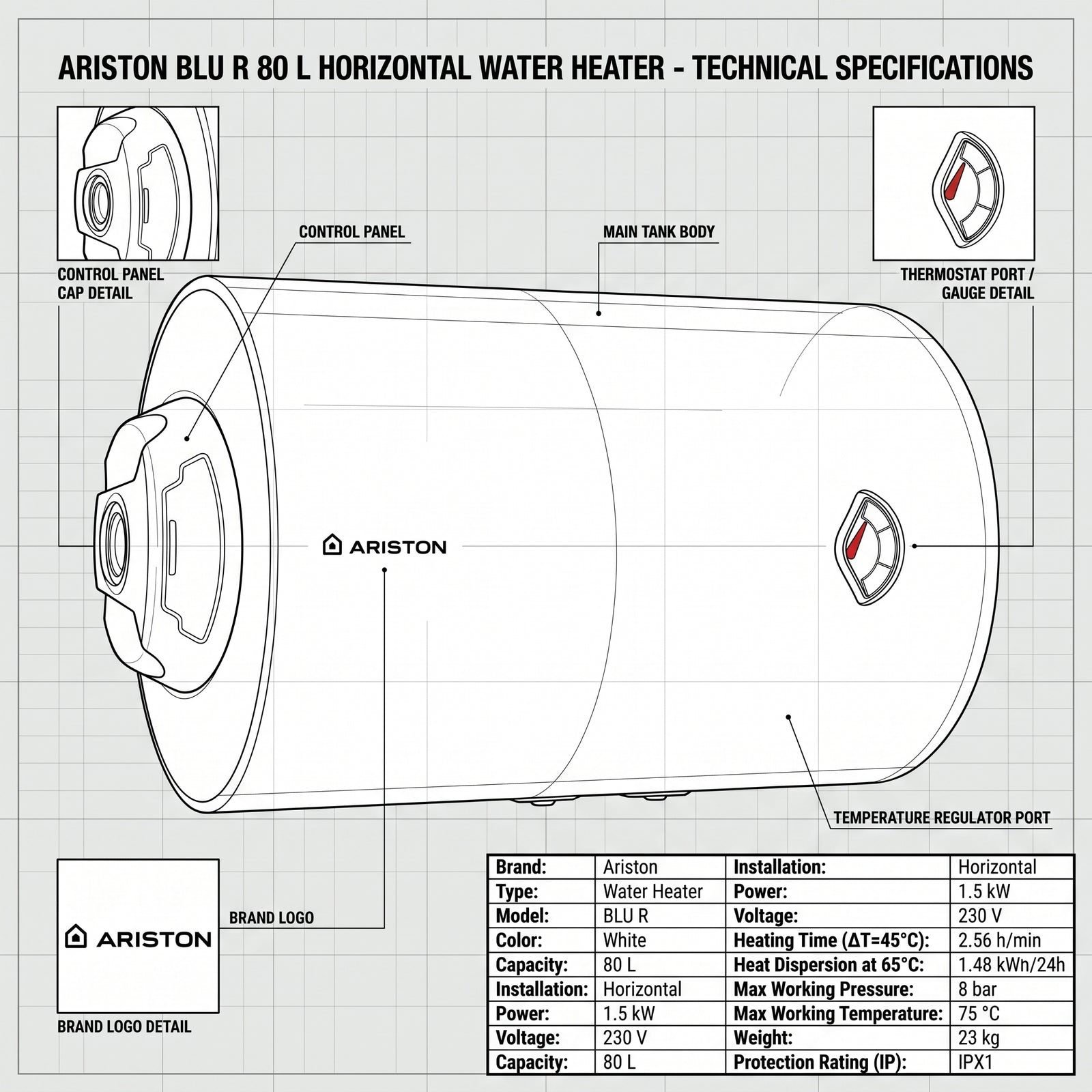 Ariston Electric Water Heater Horizontal BLU R, 80 L - White