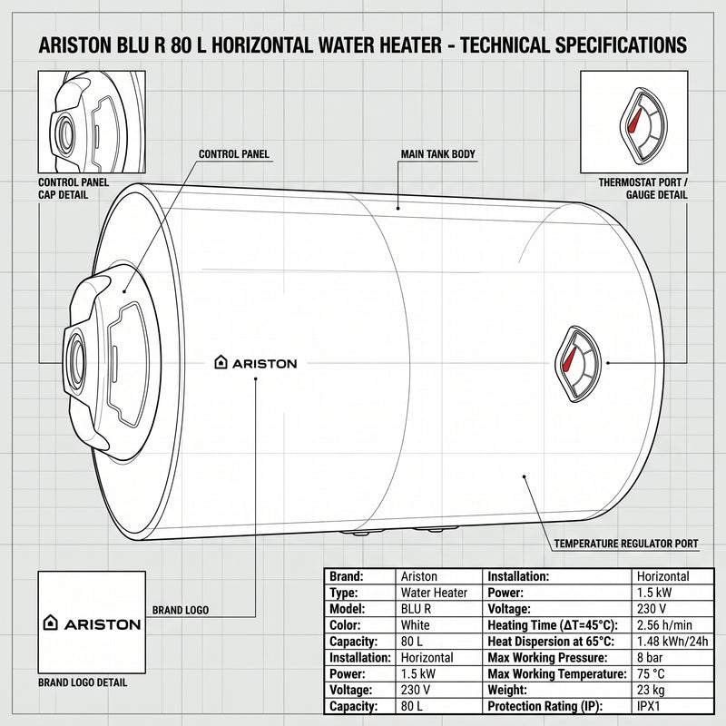 Load image into Gallery viewer, Ariston Electric Water Heater Horizontal BLU R, 80 L - White
