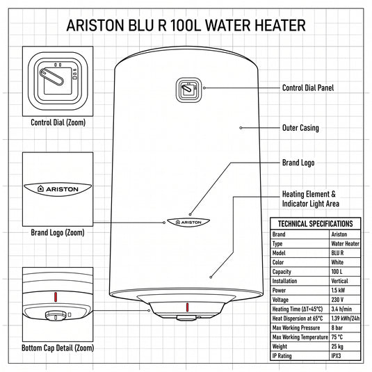 Ariston Electric Water Heater Vertical BLU R, 100 L - White