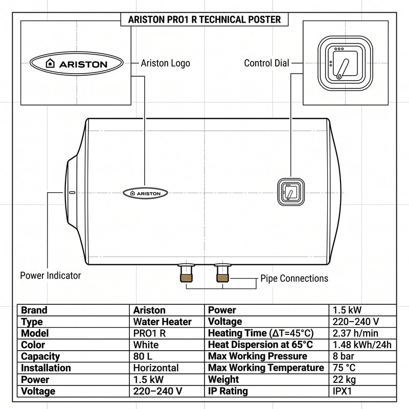 Load image into Gallery viewer, Ariston Electric Water Heater Horizontal PRO1 R Italy, 80 Liter - White
