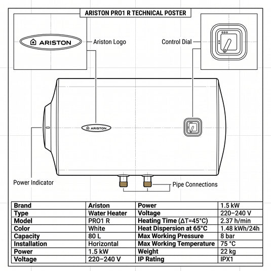 Ariston Electric Water Heater Horizontal PRO1 R Italy, 80 Liter - White
