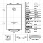 Ariston Electric Water Heater Vertical PRO1 R Italy, 100 Liter - White