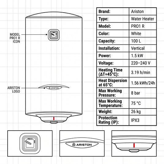 Ariston Electric Water Heater Vertical PRO1 R Italy, 100 Liter - White