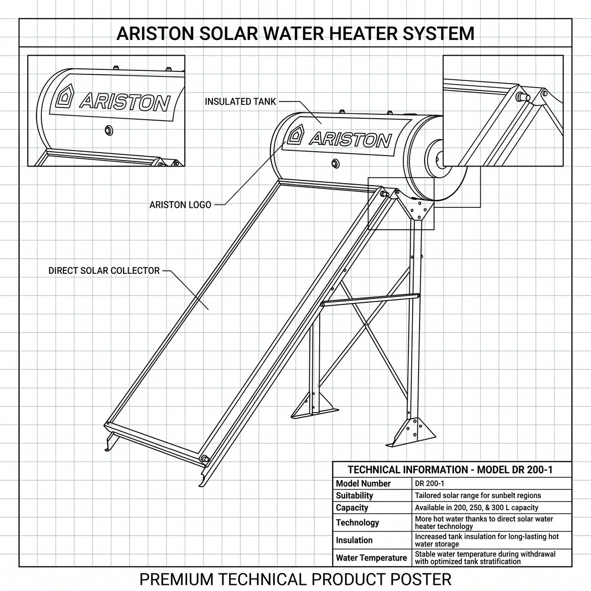 Ariston Solar Water Heater Kairos Thermo GR -1, 200 L