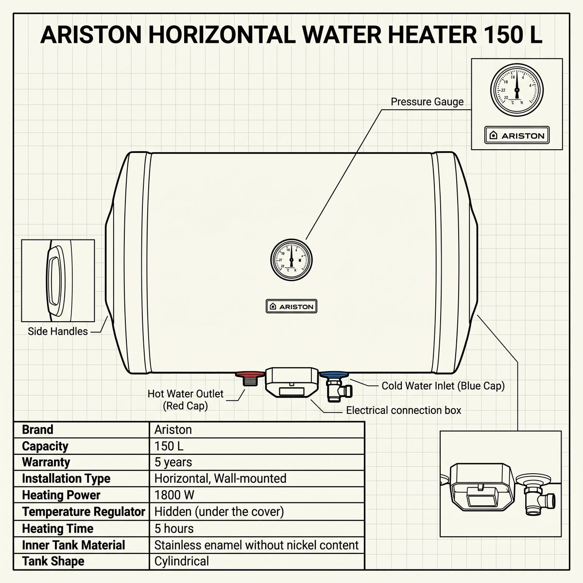 Ariston BLU R 150 Horizontal water heater