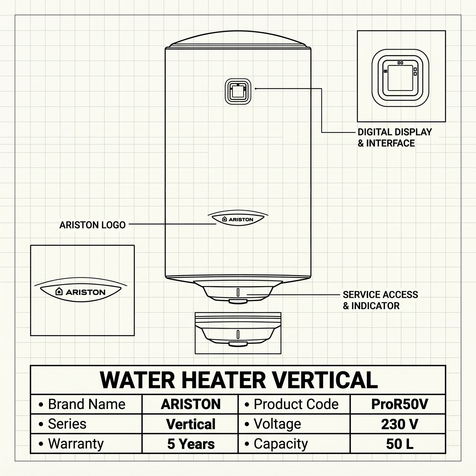 Ariston Water Heater Vertical Pro r 50v, 50 L