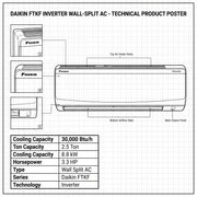 Daikin Wall Split 2.5 Ton | 8.8 kW | 3.3 HP | 30,000 Btu/h Air Conditioner FTKF30UVMKL / RKFG30UVMKL
