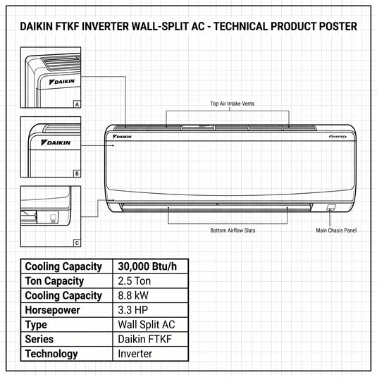 Daikin Wall Split 2.5 Ton | 8.8 kW | 3.3 HP | 30,000 Btu/h Air Conditioner FTKF30UVMKL / RKFG30UVMKL