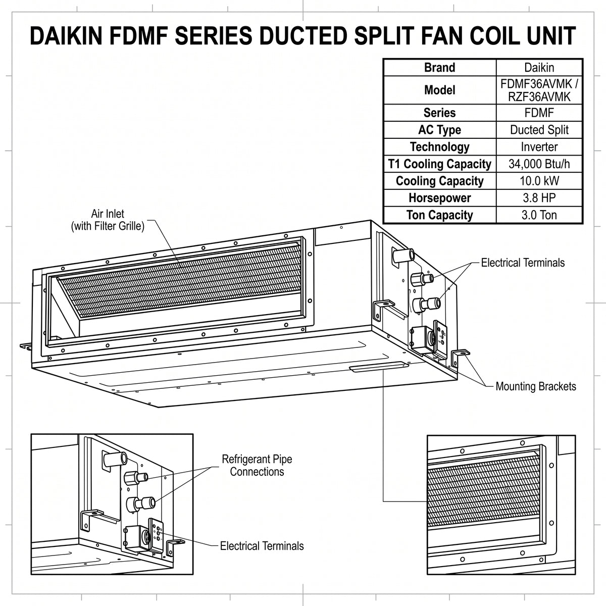 Daikin Ducted Split 3.0 Ton | 10.0 kW | 3.8 HP | 34,000 Btu/h Air Conditioner FDMF36AVMK / RZF36AVMK