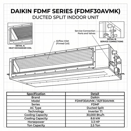 Daikin Ducted Split 2.5 Ton 8.8 kW 3.3 HP 30,000 Btu/h Air Conditioner FDMF30AVMK / RZF30AVMK