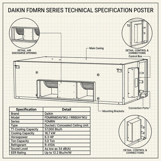 Daikin Ducted Split Air Conditioner 5.0 Ton 16.7 kW 6.3 HP 57,000 Btu/h FDMRN60AV1KU / RR60AY1KU