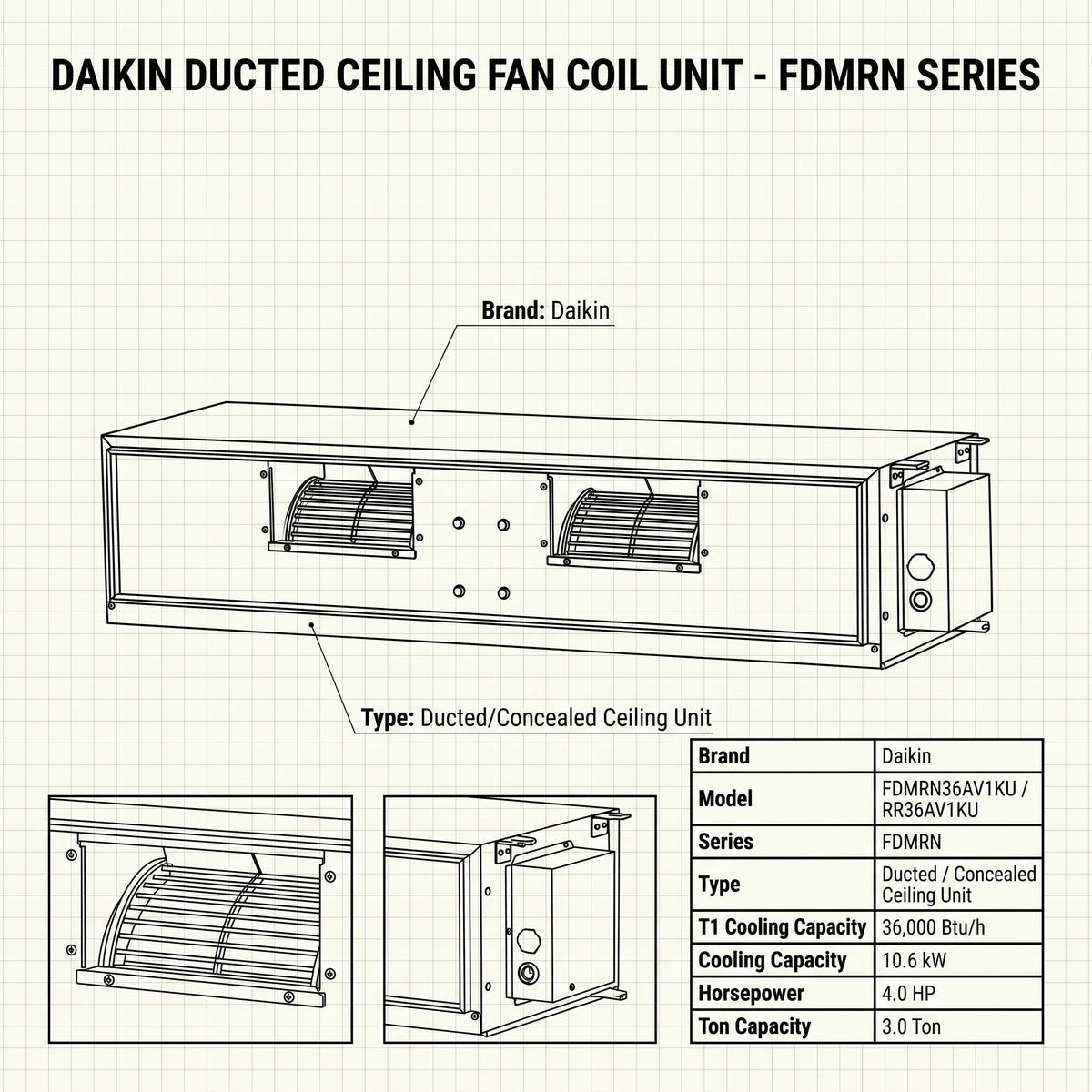 Daikin Ducted Split Air Conditioner 3.0 Ton 10.6 kW 4.0 HP 36,000 Btu/h FDMRN36AV1KU / RR36AV1KU