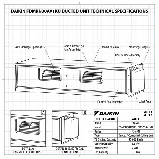 Daikin Ducted Split Air Conditioner 2.5 Ton 8.8 kW 3.3 HP 30,000 Btu/h FDMRN30AV1KU / RR30AV1KU