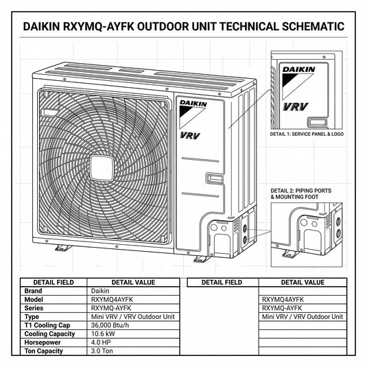 Daikin VRV Outdoor Unit 3.0 Ton 10.6 kW 4.0 HP 36,000 Btu/h RXYMQ4AYFK