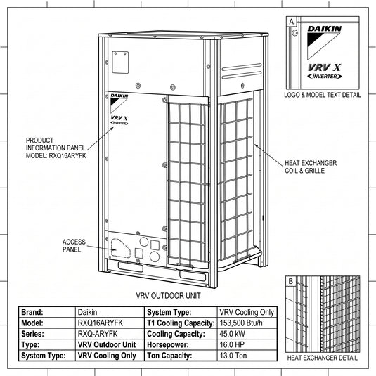 Daikin VRV Outdoor Unit 13.0 Ton 45.0 kW 16.0 HP 153,500 Btu/h RXQ16ARYFK